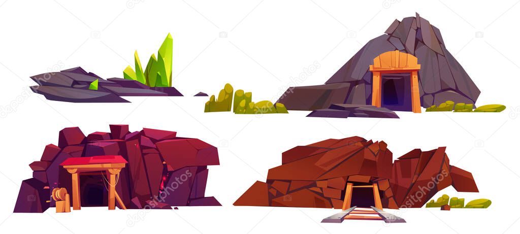 Cartoon mine entrance set isolated on white background. Vector illustration of old cave in mountain with minecart railway, wooden support, rocky stones lying on ground. Adventure game design elements