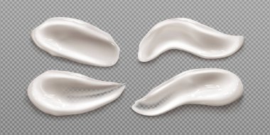 White cosmetic cream swatches, smears of skincare product isolated on transparent background. Vector realistic 3d illustration of sunscreen, skin mask or mousse smudges