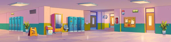 Empty School Hallway Lockers Vending Machine Bulletin Board Doors Classrooms — Stok Vektör