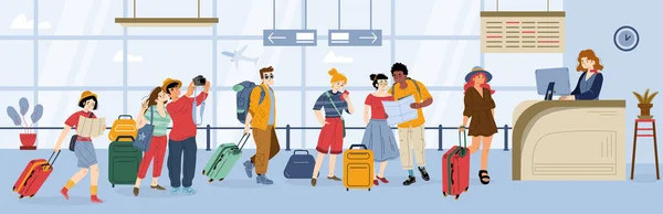 Queue Airport People Waiting Line Registration Check Passengers Characters Luggage — Vector de stock
