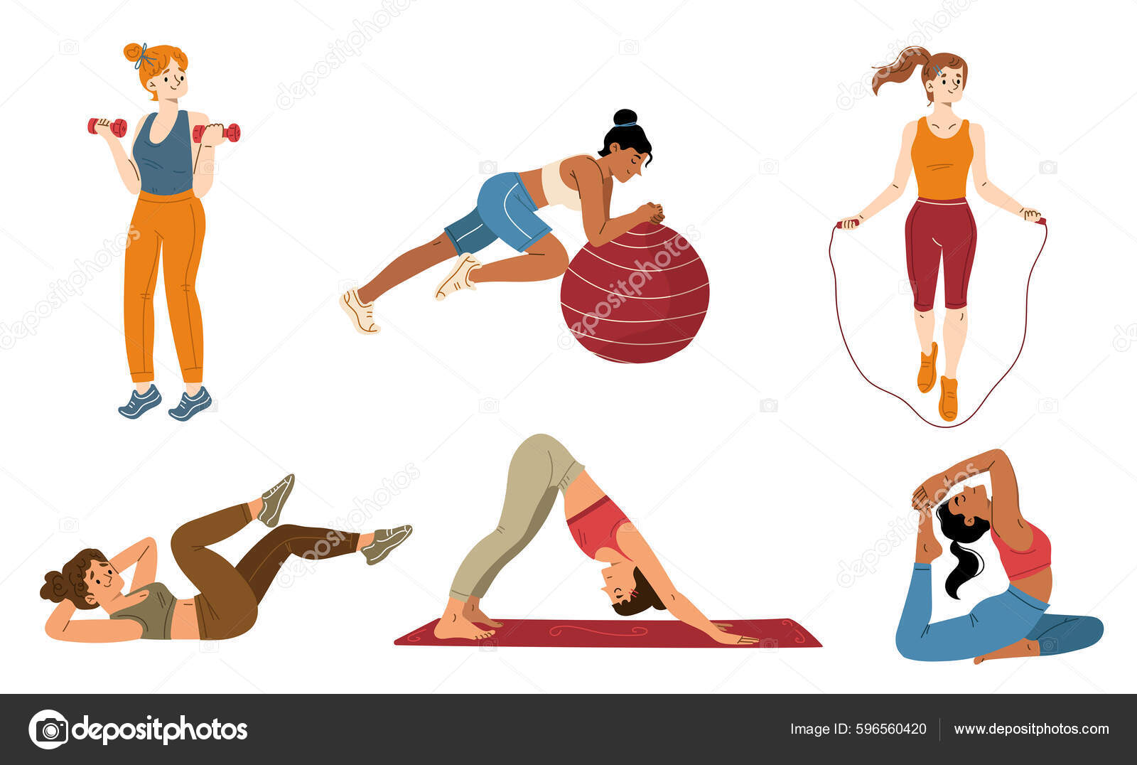 Young Women Exercising Flat Illustration Set Active Female