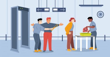 Airport safety concept, people go through metal scanner with security officers check passenger body and luggage at checkpoint control. Characters pass metal detector, Line art flat vector illustration
