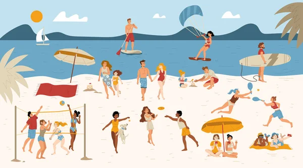 Люди Пляжі Персонажі Займаються Літніми Видами Спорту Відпочинку Відкритому Повітрі — стоковий вектор