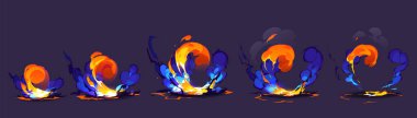 Magic explosion animation effect for 2d game design. Vector sprite sheet of cartoon energy burst, fantasy blast with fire splash and blue smoke clouds isolated on background
