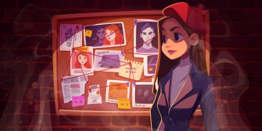 Detective girl stand at board with evidence and criminal photos connected with red thread. Young woman in police office, female inspector character investigate crime, Cartoon vector illustration clipart