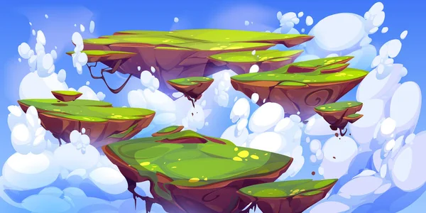 Green rocky island flying in heavenly blue sky cartoon illustration. Colorful vector image of paradise land floating in fluffy white clouds. Fantasy summer landscape on ground pieces hanging in air