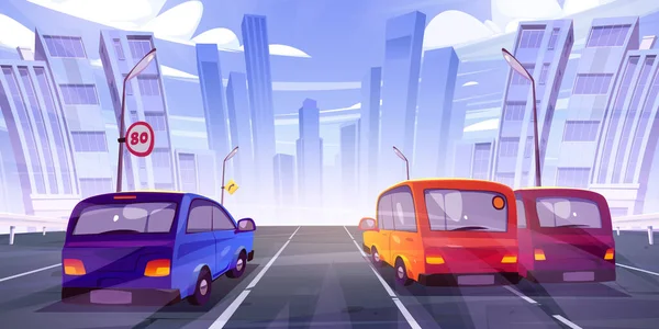 Cars Driving Highway Rear View Cityscape Background Skyscraper Buildings Modern — Vettoriale Stock