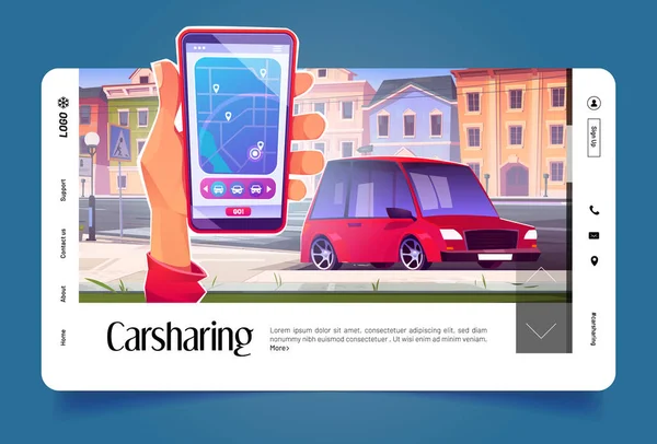 Carsharing Banner App Mobile Phone Screen Vehicle Parking City Street — Stockvektor