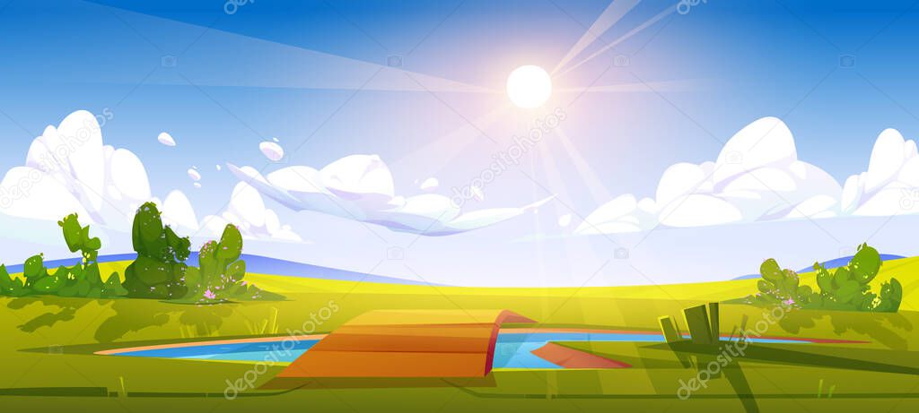 Summer landscape with green lawn and wooden bridge over pond. Vector cartoon illustration of nature panorama with meadows, bushes with flowers, sun in sky and lake with bridge