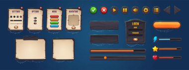 Old wooden boards with buttons, menu, assets and frames for game interface design. Vector cartoon set of ui elements in Halloween style, panels with settings, options, sliders and bars with spiderweb