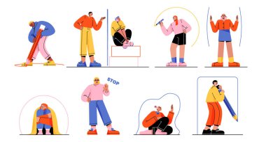 People create personal space, barriers, privacy or boundary to limit access and protect from outer world. Introvert characters drawing borders to stay in safe zone, Line art flat vector illustration