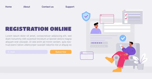 Online Registration Sign Landing Page Man Signing Internet Account User — Vettoriale Stock
