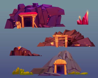 Mine entrances, shafts with deposits of ruby crystals, gold, iron ore or coal. Vector cartoon illustration of tunnel entry with wooden frame in mountain, gemstones and gold stones