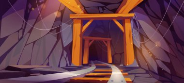 Mine tunnel inside view, cave with railway, rocks, stone shaft with wooden planks and arched beam construction. Cartoon game background, abandoned coal or gold mining quarry, 2d Vector illustration