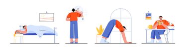 Morning routines of man after awaken. Vector flat illustration of person wake up in bedroom with alarm clock, clean teeth in bathroom, doing yoga and eating breakfast