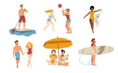 People rest on summer beach, play volleyball, swim on surfboard, drink cocktails under umbrella and walking. Vector flat illustration of happy women and men in swimsuits on resort vacation