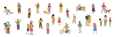 People crowd, group of diverse characters, modern community, city dwellers, audience. Young and old men or women, kids, teenagers, mother with children, couples, pets Line art flat vector illustration