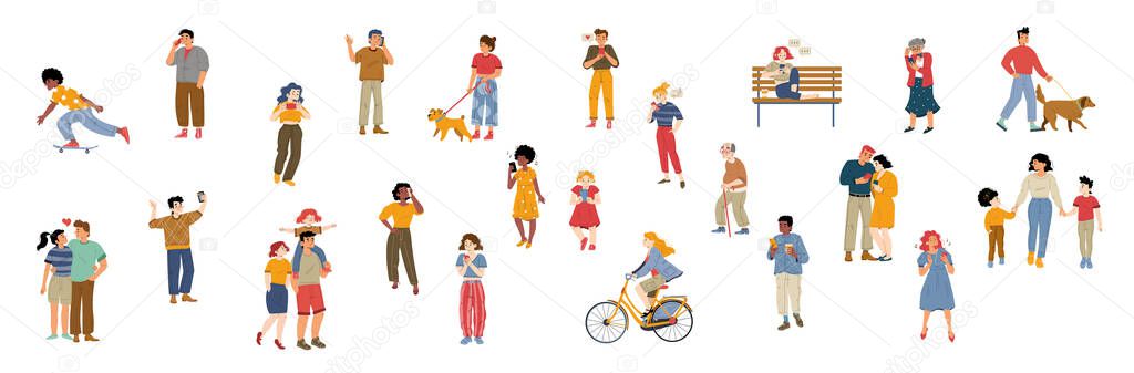People crowd, group of diverse characters, modern community, city dwellers, audience. Young and old men or women, kids, teenagers, mother with children, couples, pets Line art flat vector illustration