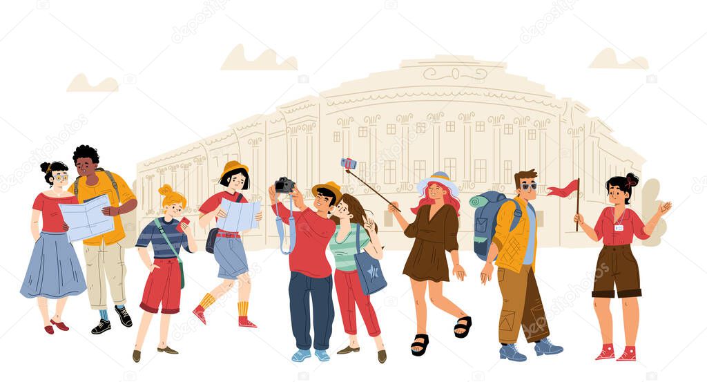 Tourists travel, excursion with guide. People group with backpacks, map and photo cameras traveling, characters visiting sightseeing and landmarks in abroad trip, Line art flat vector illustration