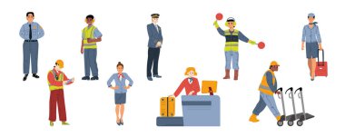 Airport staff pilot, air traffic controller with light signals, check-in and scanner employee, security, stewardess or air hostess women, loader worker with trolley, Line art flat vector illustration