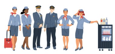 Airplane crew pilot, assistant and stewardesses with luggage and food trolley. Aircraft staff, in uniform, professional team of workers male and female characters, Line art flat vector illustration