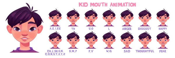 Kid Mouth Animation Different Facial Expressions Little Asian Boy Cartoon — Vettoriale Stock