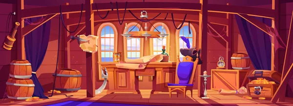 Pirate Capitan Ship Cabin Wooden Room Interior Game Background Corsair —  Vetores de Stock