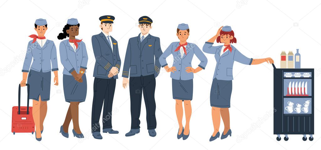 Airplane crew pilot, assistant and stewardesses with luggage and food trolley. Aircraft staff, in uniform, professional team of workers male and female characters, Line art flat vector illustration