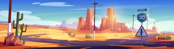 Desert Road Crossroad Landscape Sign Canyon Sand Tumbleweed Cacti Empty — Vetor de Stock