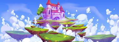 Pink magic castle on floating island in blue sky with fluffy clouds. Fantasy summer landscape with royal palace and flying ground pieces with green grass in heaven, Cartoon vector illustration