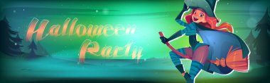 Halloween party poster with pretty witch girl flying on broom at night. Vector banner with cartoon fantasy illustration of young woman in sorceress costume and dark forest landscape
