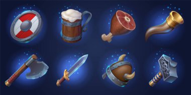 Viking weapons, shield, helmet, food and bugle horn. Vector cartoon set of nordic barbarian armour, axe, sword, hammer with celtic ornament, meat and beer mug