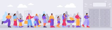 People crowd standing in queue to entrance in shop, business office, museum or cinema. City landscape with different characters waiting in long line outside building doors, vector flat illustration