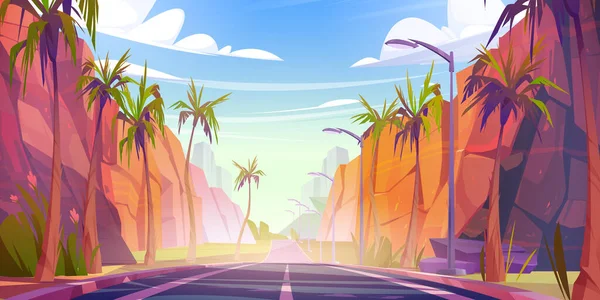 Road Tropical Landscape Palm Trees Rocks Sides Perspective View Beautiful — Wektor stockowy