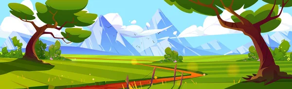 Cartoon nature landscape at day time. Rural dirt road going along green field with deciduous trees and snow mountains view. Scenery game background, Vector illustration