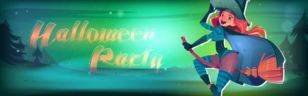 Halloween Party Poster Pretty Witch Girl Flying Broom Night Vector — Stock Vector