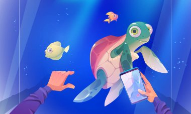 Character record video of turtle swimming in aquarium with fishes. Visitor in oceanarium with sea animals, cute tortoise reptile swim in blue water behind of glass wall, Cartoon vector illustration