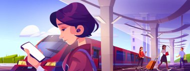 People on railway station with train, young woman wear headset look on smartphone screen listen music or reading. Passengers with luggage waiting boarding time on platform, Cartoon vector illustration