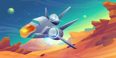 Spaceship take off from alien planet, space shuttle flying over landscape with rocks and green sky. Interstellar travel, cosmos or universe exploration, fantasy game scene, Cartoon vector illustration
