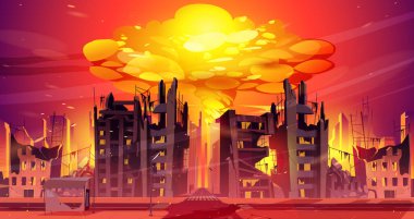 Nuclear war explosion mushroom rising up in city metropolis. Fiery cloud of atomic bomb detonation over broken skyscraper buildings front view. Destroyed town cityscape, Cartoon vector illustration