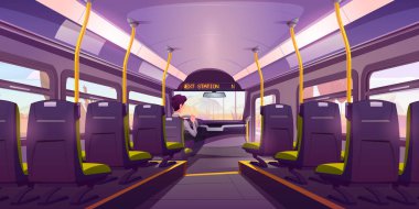 School bus with driver, empty public transport interior. City vehicle salon with seats, handles, windows and digital display. Urban commuter for students inside view, Cartoon vector illustration
