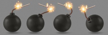 Black bombs with burning fuse and matches with fire, explosive dynamite with rope wick isolated on transparent background. Dangerous destruction spheres with sparks, Realistic 3d vector illustration