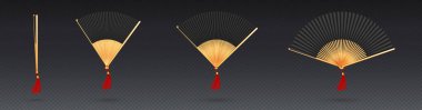 Chinese hand fan, traditional oriental black and gold isolated handheld souvenir from China or Japan, folding paper or silk blower with red tassel, asian geisha decor, Realistic 3d Vector mock up