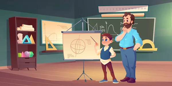 Mathematics classroom in school with teacher and student. Vector cartoon illustration of algebra or geometry lesson in class interior with chalkboard, placard with graph, boy pupil and professor