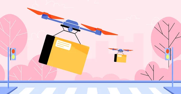 Drone Delivery Service Quadcopters Shipping Parcels Customers Flying City Street — Stock Vector