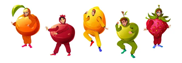 People Wear Fruit Costumes Isolated Orange Pomegranate Lemon Apple Strawberry — Vettoriale Stock