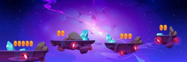 Space game, mobile arcade with flying rock platforms, crystal assets and coins in galaxy with stars and nebula. Interstellar fantasy travel, parallax background 2d design, Cartoon vector illustration