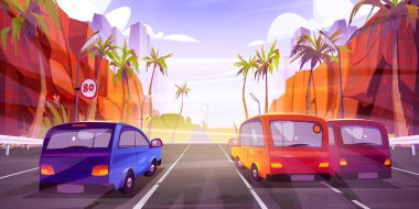 Cars drive on highway with four lanes, lamps and road signs. Vector cartoon illustration of summer tropical landscape with road between mountains, green grass and palm trees
