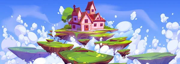 Рожевий Магічний Будинок Плавучому Острові Блакитному Небі Пухнастими Хмарами Фантастичний — стоковий вектор