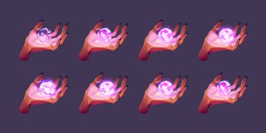 Witch hand hold ball of magic spell. Sprite sheet for 2d animation of female hand with magical energy sphere with mystic glow. Vector cartoon set isolated on background